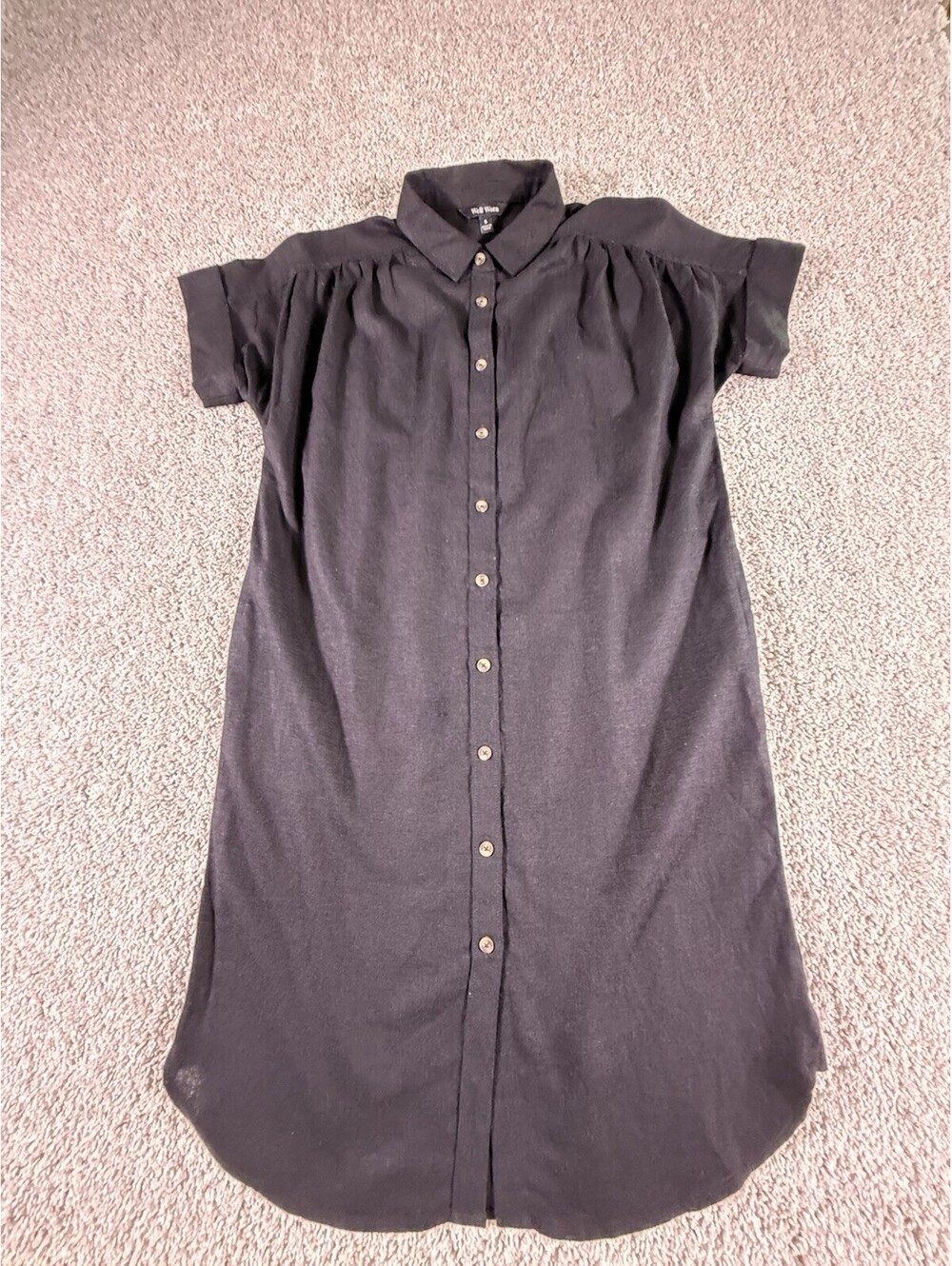 NWOT Well Worn Linen Dress Knee Length Button Front Black Size Small